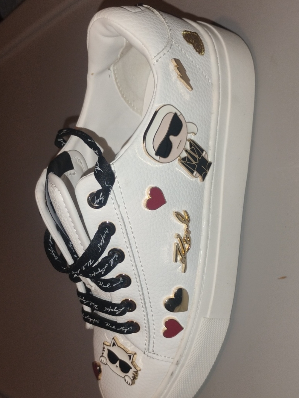 Karl Lagerfeld White Leather Charm Embellished Sneakers with Black Accents